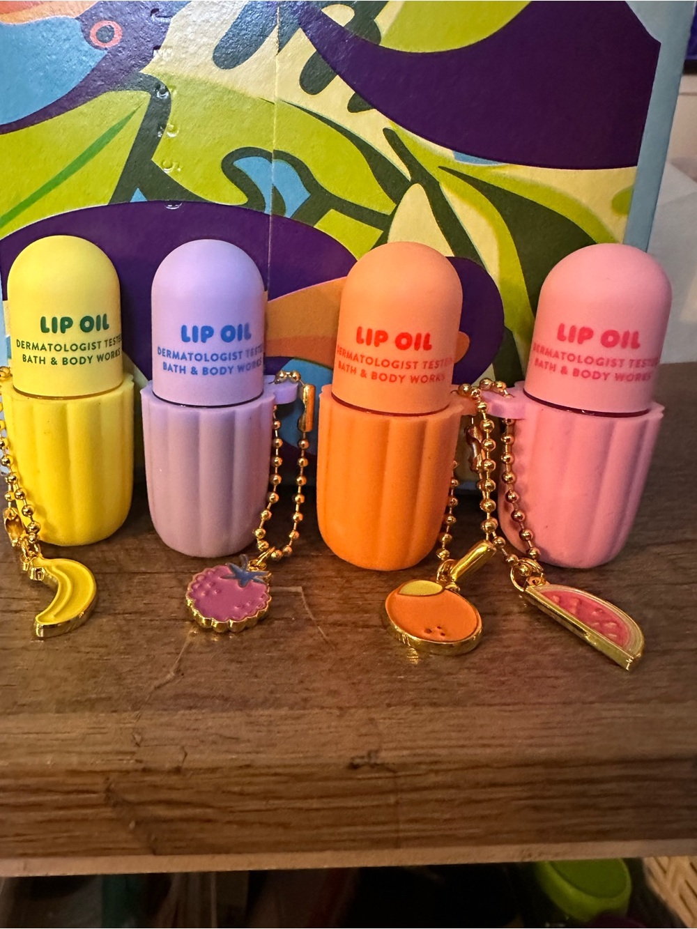 Bath & Body Works  Lip Oil Keychain Set - Yellow, Lavender, Orange, Pink